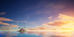  artist_request beach blue_sky clouds cloudy_sky colorful_clouds day door dragon_ball english_text fortnite grass highres house island kame_house landscape no_humans ocean official_art open_window open_window_shutter outdoors palm_tree reflection reflective_liquid rock scenery sky sky_focus sunrise tree water window window_shutter 