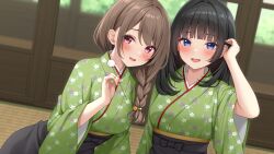  2girls :d black_hair blue_eyes blush braid brown_hair commentary_request green_kimono japanese_clothes karutamo kimono looking_at_viewer mole mole_under_eye multiple_girls open_mouth original print_kimono side_braid smile star_(symbol) star_print teeth tongue upper_teeth_only violet_eyes 