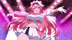  1girl :d animal_ears asymmetrical_sleeves bow breasts center-flap_bangs center_frills collared_shirt commentary concert cropped_shirt detached_sleeves double-parted_bangs english_commentary extra_ears frills hair_bow highres hololive hololive_english hololive_idol_uniform_(color_rise) large_breasts long_hair looking_at_viewer midriff miniskirt mismatched_sleeves multicolored_hair multicolored_shirt navel o-rindou5100 official_alternate_costume open_mouth outstretched_arms panther_ears panther_girl panther_tail pink_hair pink_sleeves puffy_detached_sleeves puffy_short_sleeves puffy_sleeves raora_panthera shirt short_shorts short_sleeves shorts shorts_under_skirt sidelocks single_detached_sleeve single_hair_streak single_sleeve skirt smile solo streaked_hair tail very_long_hair virtual_youtuber white_shirt white_shorts white_skirt white_streaks yellow_eyes 