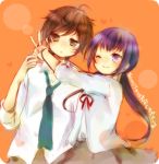  1boy 1girl ;) anesaki_nozomi anesaki_shun arms_around_neck blush brother_and_sister brown_eyes brown_hair long_hair necktie nonko one_eye_closed purple_hair school_uniform serafuku short_hair siblings smile v violet_eyes watashi_no_real_wa_juujitsu_shisugiteiru 