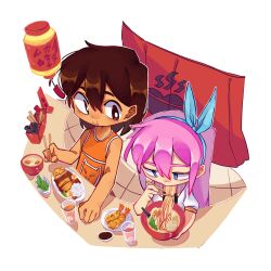  1boy 1girl :t alternate_eye_color aubrey_(faraway)_(omori) aubrey_(omori) blue_eyes blue_hairband bowl bright_pupils brown_eyes brown_hair chibi chibi_only chinese_commentary chopsticks closed_mouth commentary_request cup dark-skinned_male dark_skin drinking_glass eating food hairband highres holding holding_chopsticks huasuan69416 jacket kel_(faraway)_(omori) kel_(omori) long_hair noodles omori pink_hair plate ramen short-sleeved_jacket short_sleeves sidelocks translation_request white_jacket white_pupils 