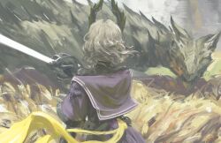  1girl absurdres arknights black_shirt blue_jacket dated dragon english_commentary fighting_stance from_behind grass grey_hair highres holding holding_sword holding_weapon horns irene_(arknights) jacket medium_hair shirt signature size_difference sword tall_grass ujin_holo weapon wind 