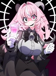  +_- 1girl animal_ears asymmetrical_horns backward-facing_horns bell_bow black_background black_dress black_eyes black_horns black_mouth black_saliva breasts clenched_hand colored_saliva commentary_request cross cup dr_yamero dress drinking_glass femme_soule fingernail_gloves floppy_ears gloves goat_ears goat_horns gradient_background hair_intakes head_tilt heterochromia highres holding holding_cup horns inverted_cross large_breasts long_hair looking_at_viewer mismatched_horns multicolored_hair notched_ear open_mouth pink_eyes pink_hair pukey_goddess_shot_trick purple_background shot_glass smile solo symbol-shaped_pupils two-tone_dress white_dress white_gloves white_hair white_horns x-shaped_pupils 