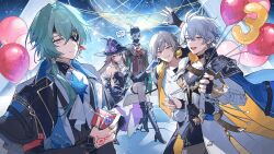 1girl 4boys absurdres anaxa_(honkai:_star_rail) antenna_hair aqua_hair armor ascot balloon bare_shoulders black_boots black_dress black_gloves black_jacket blue_eyes boots box breasts brown_coat brown_hair caelus_(honkai:_star_rail) closed_mouth clothed_robot coat commentary detached_sleeves dress english_commentary eyepatch fedora fingerless_gloves gift gift_box gloves grey_hair guest_art hair_over_shoulder hand_tattoo hat herta_(honkai:_star_rail) high_heel_boots high_heels highres holding holding_balloon holding_box holding_gift honkai:_star_rail honkai_(series) humanoid_robot jacket looking_at_viewer medium_breasts multicolored_eyes multiple_boys one_eye_covered open_mouth party_hat phainon_(honkai:_star_rail) red_ascot red_tattoo robot screwllum_(honkai:_star_rail) second-party_source shirt short_hair shoulder_armor sitting smile standing syerii tattoo the_herta_(honkai:_star_rail) trailblazer_(honkai:_star_rail) two-tone_eyes violet_eyes white_hair white_shirt witch_hat 