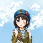  1girl :d bandages beret black_hair blue_eyes clenched_hands commentary hat injury kantoku_(style) medal military military_uniform one-eyed open_mouth original phanc scar short_hair sky smile solo soviet stitches striped uniform vdv 