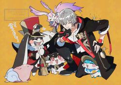  1boy 1girl 4others animal_ears animal_nose bell black_boots black_fur black_gloves black_jacket black_pants blue_fur blush_stickers boots bright_pupils broom brown_hat bubbles_(honkai:_star_rail) caelus_(honkai:_star_rail) caelus_(vim_and_vigor)_(honkai:_star_rail) chain chimera_(honkai:_star_rail) chinese_clothes closed_eyes collarbone creature dragon_print dress eyelashes fingerless_gloves flying full_body fur-trimmed_jacket fur_trim gloves gold_chain grey_hair hair_between_eyes hand_on_own_chin hand_on_own_hip hand_up happy hat highres holding holding_broom honkai:_star_rail honkai_(series) hood hooded_jacket innertube jacket jingle_bell lapels looking_at_another looking_up male_focus mem_(honkai:_star_rail) multiple_others official_alternate_costume on_one_knee open_clothes open_jacket open_mouth orange_background otter_ears pants peaked_cap pink_eyes pink_fur pirohi_(pirohi214) pocket_watch pom-pom_(honkai:_star_rail) rabbit_ears red_hat red_jacket shirt short_hair simple_background smile sparkle standing star_(symbol) star_print sun_hat swim_ring tail tangzhuang tassel teeth trailblazer_(honkai:_star_rail) two-sided_fabric two-sided_jacket two-tone_fur v-shaped_eyebrows watch watermark white_dress white_fur white_pupils white_shirt 