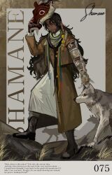  1boy beard black_boots black_hair boots border brown_border brown_coat brown_eyes character_name character_signature coat commentary dark-skinned_male dark_skin english_text facial_hair fragrance_(freakyduck9000) full_body highres holding holding_mask long_hair looking_at_viewer male_focus mask mature_male mechanical_arms multicolored_scarf prosthesis prosthetic_arm reverse:1999 robe rock scarf shamane single_mechanical_arm solo standing unworn_mask white_robe wolf 