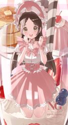  1girl :d absurdres blueberry blush brown_eyes brown_hair butter cake chacha_(chax2_x) cherry chocolate_cake collar commentary corset cross-laced_clothes cross-laced_corset cup drinking_glass drinking_straw food food-themed_background forehead frilled_collar frilled_headwear frilled_skirt frilled_wrist_cuffs frills fruit gakuen_idolmaster hair_ornament hairband hand_on_own_face hands_up highres holding holding_spoon idolmaster kneeling kuramoto_china lolita_fashion lolita_hairband miniature pancake pancake_stack parfait parfait_glass parted_bangs pink_skirt pink_wrist_cuffs pleated_skirt puffy_short_sleeves puffy_sleeves short_sleeves skirt smile spoon square_neckline strawberry sweet_lolita syrup untranslatable_commentary whipped_cream wrist_cuffs 