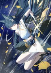  1girl absurdres animal_ear_fluff animal_ears black_dress black_gloves black_hair black_shoes closed_mouth commentary_request cyc_loop dress falling_leaves fingerless_gloves flower fox_ears fox_girl gloves hair_flower hair_ornament highres holding holding_sword holding_weapon hoshimi_miyabi hoshimi_miyabi_(dignified_blossom) katana leaf long_hair official_alternate_costume red_eyes sheath shoes single_fingerless_glove single_glove solo sword two-tone_dress unsheathing weapon white_dress white_flower zenless_zone_zero 