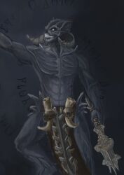  1boy arm_up artist_request blue_eyes bone brown_loincloth colored_pencil_(medium) colored_skin demon demon_boy demon_horns grey_background grey_skin holding holding_mace holding_weapon horns looking_to_the_side mace mace_of_molag_bal male_focus molag_bal no_pupils reverse-jointed_legs sharp_teeth skull solo standing teeth the_elder_scrolls the_elder_scrolls_online third-party_source traditional_media weapon 
