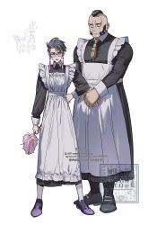 2boys apron black-framed_eyewear black_dress black_hair black_socks bug centipede closed_eyes closed_mouth corbeau_(pokemon) crossdressing crossdressing_(mtf) dress duster eyewear_strap facial_hair feather_duster glasses highres holding holding_duster kitsune_(ly_howe) long_sleeves maid male_focus male_maid mohawk multiple_boys musical_note mutton_chops necktie parted_hair philippe_(pokemon) pokemon pokemon_(creature) pokemon_legends:_z-a purple_hair round_eyewear scolipede shoes short_hair short_sideburns sideburns socks undercut white_apron white_socks yellow_eyes yellow_necktie 