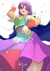  1girl absurdres arm_up cape commentary dress hair_between_eyes hairband highres index_fingers_raised long_sleeves looking_at_viewer medium_hair mizuki_0630 multicolored_dress parted_lips purple_hair smile solo teeth tenkyuu_chimata thighs touhou two-tone_cape upper_teeth_only violet_eyes white_background 