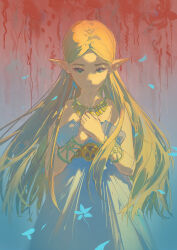  1girl absurdres bare_shoulders blonde_hair commentary_request dress flower gold_bangle green_eyes hano_1219 highres jewelry long_hair necklace original own_hands_together parted_bangs pointy_ears princess_zelda sleeveless sleeveless_dress solo the_legend_of_zelda white_dress wind 