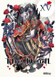  animal animal_ears animal_skull artist_name bilingual_commentary card chain flower full_body goat_skull horns jewelry looking_at_viewer mixed-language_commentary original roman_numeral simple_background sirop tail tarot tarot_card the_devil_(tarot) 