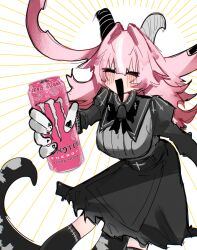  1girl :d black_bow black_bowtie blush bow bowtie breasts can closed_eyes collared_dress demon_girl demon_horns dress drink_can emphasis_lines energy_drink femme_soule grey_dress hair_intakes highres holding holding_can horns large_breasts long_hair monster_energy open_mouth pink_hair pukey_goddess_shot_trick pumpurumpum2 smile solo 
