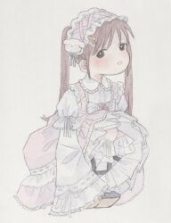  1girl aponikuru_e brown_hair dress frilled_dress frilled_sleeves frills hairband highres juliet_sleeves kneehighs lolita_fashion lolita_hairband long_hair long_sleeves looking_at_viewer original pink_dress platform_shoes puffy_sleeves rocking_horse_shoes shoes simple_background smile socks solo squatting twintails 