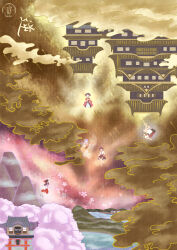  5girls absurdres barefoot biwa_lute black_hair black_skirt bow bowl bowl_hat brown_hair castle cherry_blossoms clouds commentary_request detached_sleeves double_dealing_character dress emloste gohei hair_bow hair_tubes hakurei_reimu hakurei_shrine hat highres holding holding_gohei holding_needle horns instrument kijin_seija lake long_hair long_sleeves lute_(instrument) multicolored_hair multiple_girls musical_staff needle needle_sword outdoors pink_hair playing_instrument purple_hair red_bow red_skirt ribbon-trimmed_sleeves ribbon_trim sandals scenery shining_needle_castle shirt short_hair siblings sisters skirt skirt_set streaked_hair sukuna_shinmyoumaru torii touhou tsukumo_benben tsukumo_yatsuhashi upside-down white_dress white_shirt yellow_dress 
