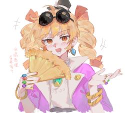 1girl chinese_commentary drill_hair eyewear_on_head hand_fan hat highres holding holding_fan jacket jewelry looking_at_viewer mini_hat mini_top_hat open_clothes open_jacket open_mouth orange_hair rddumpling smile solo top_hat touhou white_background yorigami_jo'on 