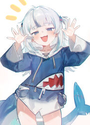  1girl :3 absurdres blue_eyes blue_streaks commentary english_commentary fang fins fish_skeleton fish_tail gawr_gura hair_ornament hairclip hands_up happy highres hololive hololive_english hood hood_down hoodie light_blush looking_at_viewer medium_hair multicolored_hair no_pants omote_m0nl open_mouth parallel_hairclips shark_girl shark_tail simple_background solo stitches streaked_hair tail thighs virtual_youtuber white_background white_hair 
