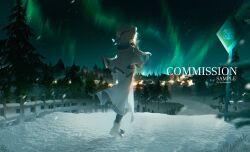  1girl aria_(manga) aria_company_uniform aria_pokoteng aurora breath capelet commission fence highres kyoro_ina looking_back mizunashi_akari night pine_tree pink_hair scarf sign sky snow snowing star_(sky) starry_sky town tree white_capelet 