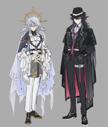  2boys absurdres alternate_costume armlet ashveil_(honkai:_star_rail) belt black_belt black_choker black_hair black_jacket black_pants black_shirt black_shoes black_vest buttons chain choker closed_mouth clothing_cutout collared_shirt commentary criss-cross_straps earrings feather_earrings feathered_wings feathers full_body gloves gold_chain gold_earrings gold_trim gradient_hair grey_background grey_hair hair_between_eyes halo halo_behind_head hands_in_pockets hands_up hat hat_ornament head_wings highres honkai:_star_rail honkai_(series) jacket jewelry lapels long_hair looking_at_viewer male_focus monocle multicolored_hair multiple_boys necktie pants papajay_(jennygin2) piercing pink_jacket purple_necktie see-through_clothes see-through_veil shirt shoes short_hair sidelocks simple_background single_earring smile standing streaked_hair sunday_(honkai:_star_rail) tassel teeth thigh_strap two-sided_fabric two-sided_jacket untranslatable_commentary v-shaped_eyebrows veil vest violet_eyes white_belt white_gloves white_hair white_jacket white_pants white_shirt wing_piercing wings yellow_eyes 