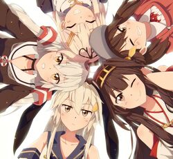  5girls :&lt; ^_^ amatsukaze_(kantai_collection) bare_shoulders black_serafuku blonde_hair brown_eyes choker circle_formation closed_eyes detached_sleeves double_bun grin hair_ornament hair_tubes hairband hairclip headgear japanese_clothes kantai_collection kariginu kongou_(kantai_collection) long_hair multiple_girls neckerchief nontraditional_miko one_eye_closed ryuujou_(kantai_collection) sailor_collar sailor_dress school_uniform serafuku shimakaze_(kantai_collection) silver_hair smile tomato_(lsj44867) twintails two_side_up visor_cap yuudachi_(kantai_collection) 