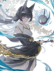  1girl absurdres animal_ear_fluff animal_ears black_hair blunt_bangs braid chinese_commentary closed_mouth commentary_request feet_out_of_frame fighting_stance flower fox_ears fox_girl ginkgo_leaf half_up_half_down_braid highres hoshimi_miyabi hoshimi_miyabi_(dignified_blossom) japanese_clothes katana leaf long_hair looking_at_viewer maosibushimaozi official_alternate_costume ready_to_draw red_eyes sword tailless_(zenless_zone_zero) weapon white_flower wide_sleeves zenless_zone_zero 