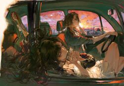  2girls absurdres artist_name black_bra bra bra_peek bracelet brown_hair car_interior chinese_commentary commentary_request dress glasses harmonica highres instrument instrument_case isolde_(reverse:1999) jewelry kakania_(reverse:1999) long_hair looking_ahead multiple_girls multiple_rings necklace playing_instrument reverse:1999 ring round_eyewear shirt sun sunset underwear volcanoyyy water white_dress white_shirt yellow_eyes 