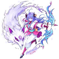  1girl ahoge arrow_(projectile) artist_name black_shoes blue_sash blush bow_(weapon) braid breasts commentary_request curled_horns drawing_bow flower full_body fur-trimmed_kimono fur_(clothing) fur_trim gloves hair_between_eyes highres holding holding_arrow holding_bow_(weapon) holding_weapon horn_flower horns japanese_clothes kimono kindred_(league_of_legends) lamb_(league_of_legends) large_breasts league_of_legends long_hair long_sleeves looking_to_the_side moonblue_jp no_mask obi official_alternate_costume official_alternate_hairstyle pants parted_lips partially_fingerless_gloves pink_eyes pink_kimono pink_socks purple_hair sash shoes side_braid sidelocks sideways_glance simple_background socks spirit_blossom_(league_of_legends) spirit_blossom_kindred twin_braids weapon white_background white_fur white_pants wolf yellow_eyes 