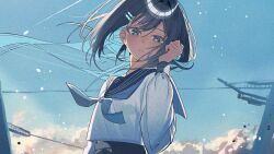  1girl absurdres black_hair blue_eyes blue_neckerchief blue_sky blush clouds commentary_request hair_between_eyes hair_ornament hairclip highres holding_own_hair koze_azhi light_particles looking_at_viewer medium_hair neckerchief original pleated_skirt power_lines school_uniform serafuku shirt skirt sky solo upper_body utility_pole white_shirt 
