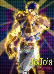  1boy absurdres argyle_background aries_(constellation) armor belt belt_buckle birthmark blue_background blue_eyes blue_hair blue_shirt brown_gloves buckle commentary copyright_name english_commentary fingerless_gloves genda_art gloves glowing grey_pants highres joestar_birthmark jojo_no_kimyou_na_bouken jojo_pose jonathan_joestar jonathan_joestar's_pose male_focus manly midriff midriff_peek muscular muscular_male official_style orange_belt pants phantom_blood shirt shoulder_armor shoulder_pads solo sparkle star_(sky) 