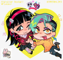  1girl 1other 3hkowalski ;3 androgynous antenna_hair aqua_hair asymmetrical_hair black_boots black_eyes black_hair black_skirt blue_pants blush boots borrowed_design chibi closed_mouth commentary cross-laced_clothes cross-laced_sleeves cross-laced_socks earrings english_commentary english_text eyeshadow full_body gangle_(the_amazing_digital_circus) gradient_clothes gradient_shirt hair_ribbon hairband heart humanization jewelry lace-up_boots lightning_bolt_earrings lightning_bolt_symbol long_sleeves looking_at_viewer loose_socks makeup miniskirt multicolored_hair one_eye_closed open_mouth orange_shirt other_focus pants pink_eyeshadow purple_eyeshadow red_hairband red_ribbon red_sweater reference_inset ribbon shirt sidecut skirt socks sweater teardrop_earrings teeth the_amazing_digital_circus torn_clothes torn_pants tress_ribbon triangle_earrings twitter_username two-tone_hair undercut upper_teeth_only white_socks yellow_eyes yellow_shirt zooble_(the_amazing_digital_circus) 