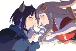  2girls animal_ears bare_shoulders black_hair blonde_hair blue_hair blue_nails blush cho_kaguya-hime! closed_eyes commentary face-to-face fox_ears fox_shadow_puppet from_side grin highres holding_hands interlocked_fingers kaguya_(cho_kaguya-hime!) long_hair long_sleeves lop_rabbit_ears multicolored_hair multiple_girls nagi_mkrnpn profile rabbit_ears red_nails short_hair simple_background smile tearing_up two-tone_hair underlighting untranslatable_commentary upper_body white_background yuri 