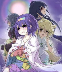  4girls :3 ahoge animal_ear_fluff animal_ears arm_bow bag belt black_hair black_shirt black_skirt blonde_hair blue_hat blush bow brown_bag cloak cloud_print clouds collarbone commentary_request crossed_arms day dot_nose dress eyes_visible_through_hair fang fox_ears fox_girl fox_tail green_ribbon grey_hair hair_between_eyes hairband halo hand_up hat highres himemushi_momoyo holding holding_pickaxe holding_shovel iizunamaru_megumu kudamaki_tsukasa laoshezhang long_hair long_hair_between_eyes long_sleeves looking_at_viewer multicolored_dress multicolored_hairband multiple_girls no_eyes open_mouth outdoors patchwork_clothes pickaxe pink_belt pointy_ears profile purple_hair rainbow rainbow_gradient rainbow_hairband red_bow red_eyes ribbon romper shirt short_hair short_sleeves shovel skin_fang skirt sky sky_print sleeve_ribbon small_sweatdrop sun tail tenkyuu_chimata tokin_hat touhou two-sided_cloak two-sided_fabric violet_eyes wavy_mouth whispering white_cloak white_romper yellow_eyes 