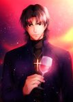  1boy alcohol brown_eyes brown_hair cross cross_necklace cup fate/stay_night fate_(series) highres hisohiso jewelry kotomine_kirei male_focus necklace solo wine wine_glass 