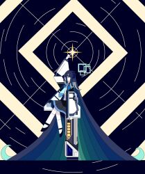 1girl absurdly_long_hair aqua_halo aris_(blue_archive) black_hair black_skirt blue_archive blue_necktie from_side hair_between_eyes halo highres jacket long_hair long_hair_between_eyes necktie one_side_up pickle_bace railgun rectangular_halo skirt solo very_long_hair 