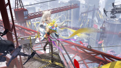  1girl absurdres animal_ears arknights arknights:_endfield bare_shoulders black_gloves black_pantyhose black_shoes blue_eyes bouquet building caution_tape cityscape commentary_request crane_(machine) dress drone floating_hair from_above full_body gloves hat highres holding holding_bouquet jacket long_hair long_sleeves looking_at_viewer off_shoulder on_railing outdoors pantyhose perlica_(arknights) railing shoes sitting skyscraper sleeveless sleeveless_dress solo white_dress white_hat white_jacket yellow_pupils yizhikejiu 