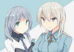  2girls blonde_hair blue_eyes bust cross eila_ilmatar_juutilainen green_eyes long_hair mannerheim_cross military military_uniform multiple_girls necktie older sanya_v_litvyak seedflare silver_hair smile strike_witches tonttu uniform 