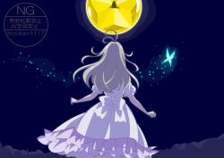  absurdres antenna_hair blonde_hair bow bug butterfly commentary_request dress dress_bow from_behind highres long_hair looking_at_another makoto_jewel meitantei_precure! moria_luluka night otokamu precure sky solo_focus usonoir watermark white_dress 