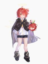  1girl 1other :o absurdres aged_down ahoge arknights bare_legs black_cloak black_shoes black_shorts child cloak commentary detached_wings energy_wings exusiai_(apple)_(arknights) exusiai_(arknights) exusiai_(young)_(arknights) full_body hair_over_one_eye halo hand_on_own_hip highres holding necktie orange_eyes ponytail red_hair shirt shoes short_ponytail shorts side_ponytail splicond untranslatable_commentary white_shirt wings yellow_halo yellow_necktie 