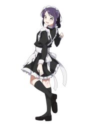  1girl alternate_costume apron arm_at_side back_bow black_dress black_shoes black_socks blush bow bright_pupils cho_kaguya-hime! commentary_request criss-cross_back-straps dress embarrassed enmaided frilled_apron frilled_dress frilled_straps frills from_behind frown full_body furrowed_brow green_eyes hair_bun hair_ornament hairclip hairpin hand_up highres juliet_sleeves kneehighs leg_up long_sleeves looking_back looking_down maid maid_apron maid_headdress mary_janes mole mole_under_eye open_mouth parted_bangs puffy_sleeves purple_hair raised_eyebrow sakai_animeta sakayori_iroha shoe_soles shoes short_dress sidelocks simple_background single_hair_bun sleeve_cuffs socks solo standing standing_on_one_leg updo waist_apron white_apron white_background white_bow white_pupils 