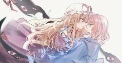  2girls bare_shoulders blonde_hair blue_kimono bug butterfly choker closed_eyes closed_mouth collarbone commentary_request dress elbow_gloves expressionless from_side gap_(touhou) gloves hair_between_eyes hands_in_another's_hair hands_on_another's_neck hat highres japanese_clothes kimono long_hair long_sleeves looking_at_another missing_headwear mob_cap multiple_girls off-shoulder_dress off_shoulder onigiri_222x714 parted_lips pink_hair purple_dress red_eyes ribbon_choker saigyouji_yuyuko saigyouji_yuyuko_(living) touhou violet_eyes white_background white_gloves yakumo_yukari 