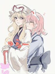  2girls blonde_hair blue_kimono bow closed_eyes closed_mouth closed_umbrella commentary_request dress hair_bow hat heart holding holding_umbrella hug hug_from_behind japanese_clothes kimono long_sleeves mob_cap multiple_girls onigiri_222x714 pink_hair purple_tabard red_bow saigyouji_yuyuko smile tabard touhou triangular_headpiece umbrella violet_eyes white_dress wide_sleeves yakumo_yukari yuri 