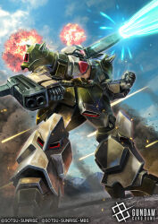  battle beam_cannon cable clouds cloudy_sky commentary_request copyright_notice damaged debris desert dirty dust_cloud explosion firing galluss-k gun gundam gundam_card_game gundam_unicorn hukutuuprunes logo machine_gun mecha mecha_focus mobile_suit neo_zeon no_humans official_art one-eyed realistic robot science_fiction shoulder_cannon shoulder_spikes sky spikes sunrise_(company) title war weapon 