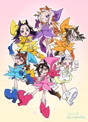  6+girls ahoge animal_ears black_hair blue_eyes boots brown_eyes brown_hair commentary_request cosplay dream_journey_(umamusume) dress fenomeno_(umamusume) glasses gloves gold_ship_(umamusume) grey_hair high_heel_boots high_heels highres horse_ears horse_girl long_hair looking_at_viewer magical_girl multicolored_hair multiple_girls nakayama_festa_(umamusume) nitsutomeo_shinobu ojamajo_doremi open_mouth orange_hair orfevre_(umamusume) pink_eyes puffy_short_sleeves puffy_sleeves round_eyewear short_sleeves stay_gold_(umamusume) stay_gold_clan_(umamusume) umamusume violet_eyes 