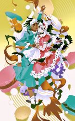  2boys ;d alternate_costume arm_up black_choker black_shoes chinese_commentary choker commentary_request dark-skinned_male dark_skin dress eyeshadow fang goomy green_dress headdress highres holding_hands makeup male_focus molymes multiple_boys one_eye_closed open_mouth pantyhose piers_(pokemon) pink_dress pokemon pokemon_(creature) pokemon_sword_and_shield puffy_sleeves raihan_(pokemon) shoes short_sleeves smile socks striped_clothes striped_pantyhose tea teapot toxel trapinch white_socks zigzagoon 