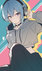  1girl black_choker black_pants blue_eyes blue_hair choker commentary english_commentary eyebrows_hidden_by_hair grey_hoodie hair_between_eyes headphones highres hololive hood hood_down hoodie hoshimachi_suisei kurony_(sirony) looking_at_viewer medium_hair midriff pants sitting solo star_(symbol) star_in_eye symbol_in_eye virtual_youtuber 