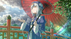  1girl absurdres blue_dress bridge broken_umbrella chinese_clothes clouds cloudy_sky commentary_request day double_bun dress frilled_dress frills grey_hair hair_bun hat highres holding holding_umbrella jiangshi jiangshi_costume long_sleeves looking_up medium_hair ofuda ofuda_on_head oil-paper_umbrella open_hand original outdoors parted_lips pension_z qingdai_guanmao rain short_hair sky solo talisman two-tone_dress umbrella white_dress yellow_eyes 