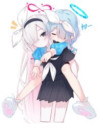 2girls :/ arona_(blue_archive) black_eyes black_hairband black_shirt black_skirt blue_archive blue_hair blue_halo blue_shirt blush bow bow_hairband braid carrying closed_eyes closed_mouth colored_skin cropped_legs dot_mouth dot_nose eip_(pepai) full_body hair_bow hairband halo highres infinity_symbol long_hair long_sleeves medium_hair miniskirt multiple_girls neckerchief no_coat notice_lines one_eye_covered piggyback plana_(blue_archive) red_halo red_pupils shirt shoes short_sleeves side_braid side_part simple_background single_braid skirt skirt_set swept_bangs translation_request very_long_hair white_background white_bow white_hair white_hairband white_neckerchief white_shoes white_skin yurie_mouth 