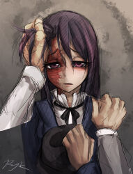  1boy 1girl against_wall blue_jacket bow bowtie burn_scar commentary_request disembodied_hand hand_on_another's_shoulder hat holding holding_another's_hair holding_unworn_clothes holding_unworn_hat ikezawa_hanako jacket katawa_shoujo long_hair looking_at_viewer newsboy_cap purple_hair ray-k scar shirt signature sketch unworn_hat unworn_headwear violet_eyes white_shirt 